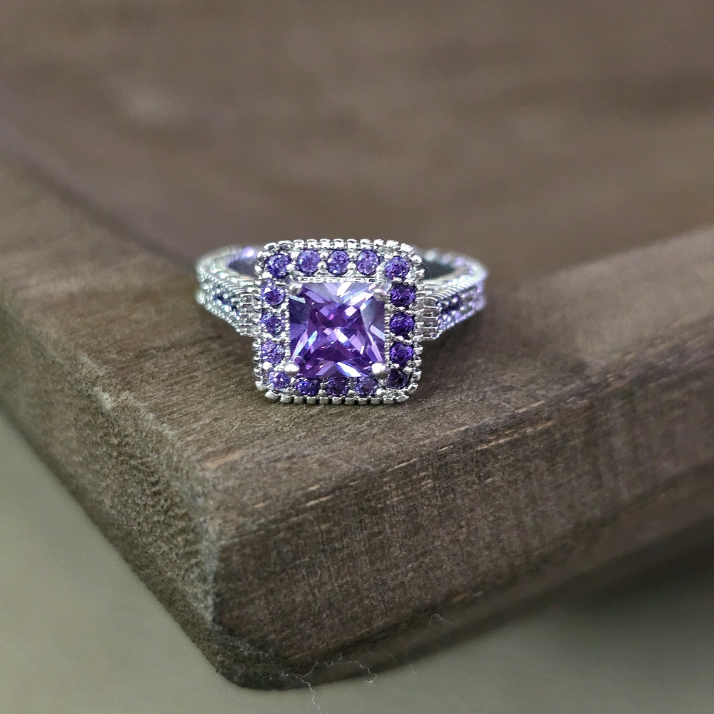 Amethyst Engagement Ring & Wedding Band Set | Princess-Cut Halo Bridal Set